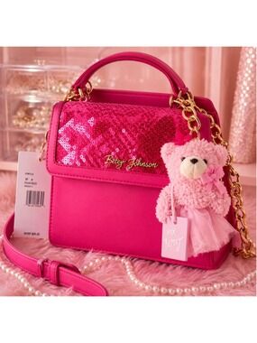 Betsey Johnson Pink Sequin Teddy Bear Crossbody Satchel Bag NWT